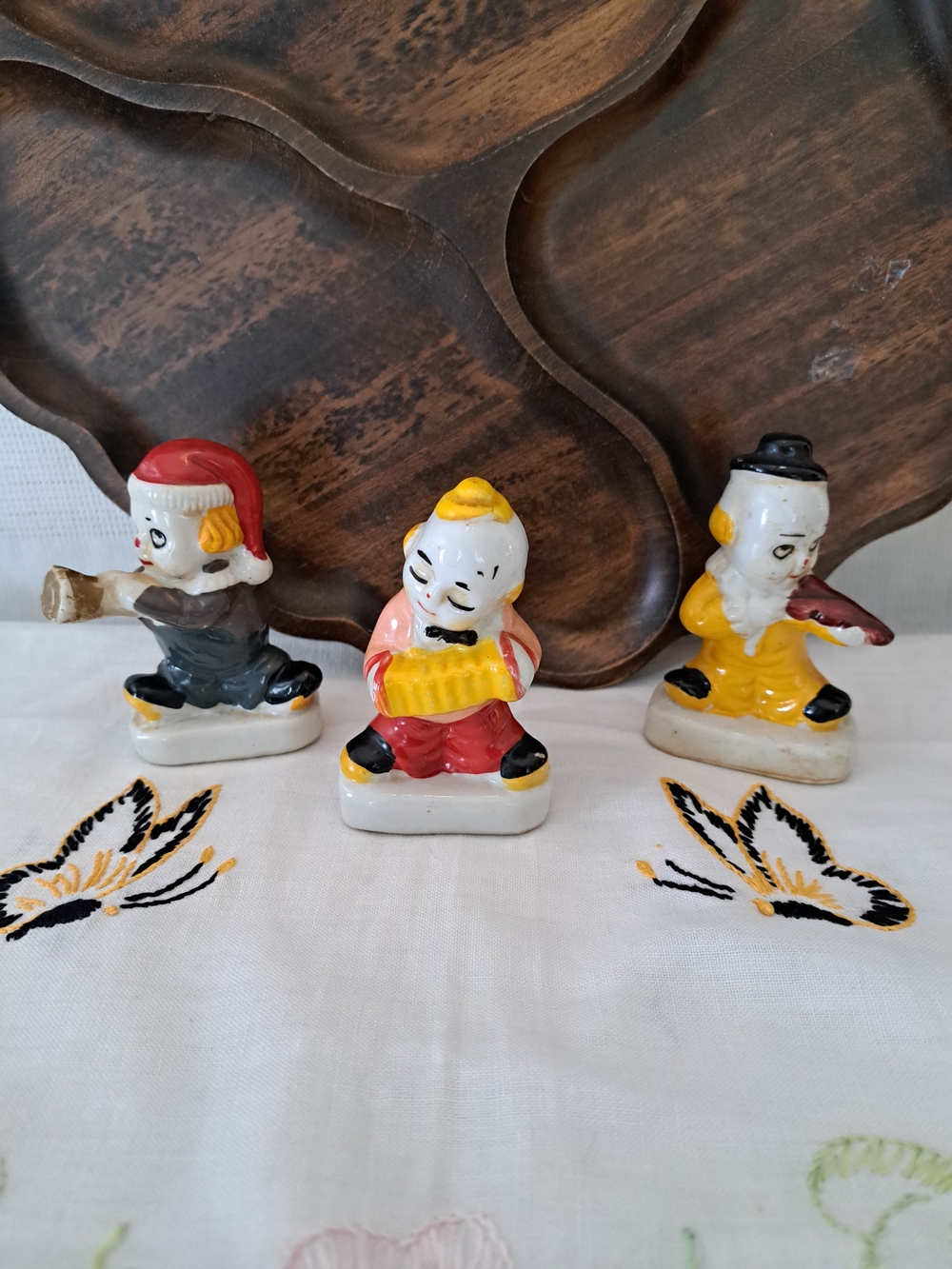 Vintage Ceramic Musician Figurine Trio - Red, Yellow, Black